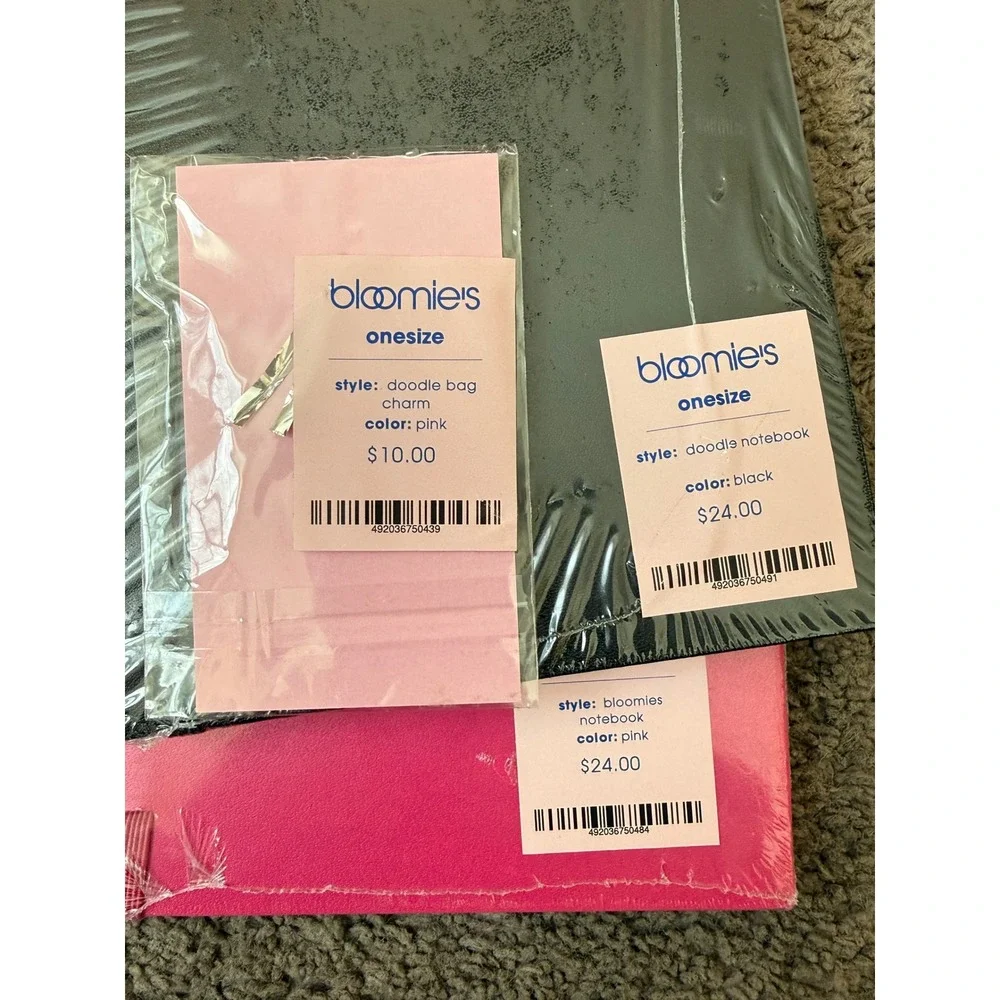 Bloomies Doodle Notebook Set‎ and Bag Charm Pink Black Journal Bundle NWT